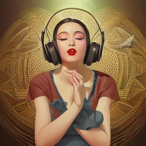 Image similar to intricate, amazing, art deco, retro vintage and romanticism, painting by natelle quek, soft color palette, highly detailed, godess with headphones from space sci - fi of ancient religion