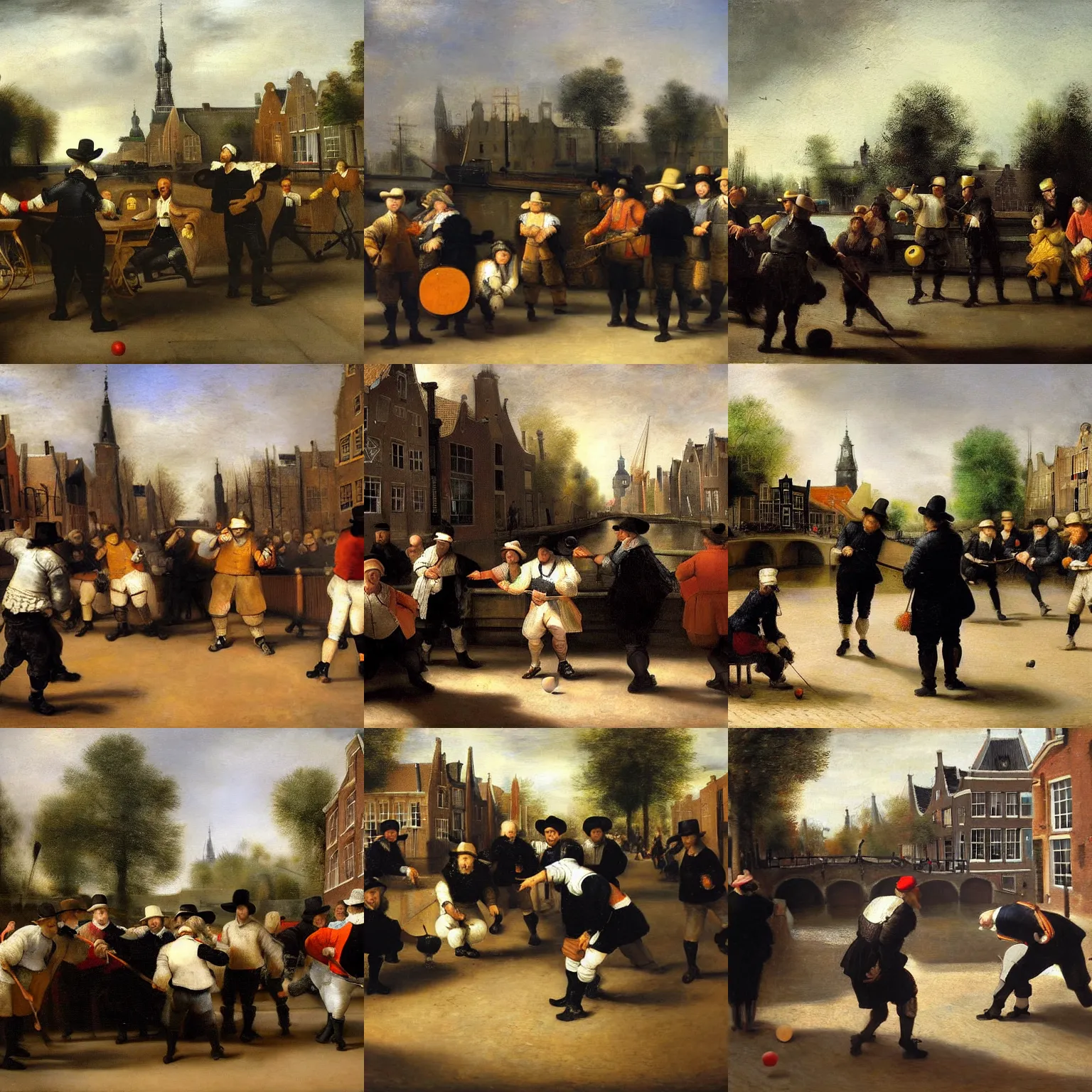 Prompt: playing petanque near amsterdam canals, beautiful oil painting in style of rembrandt van rijn