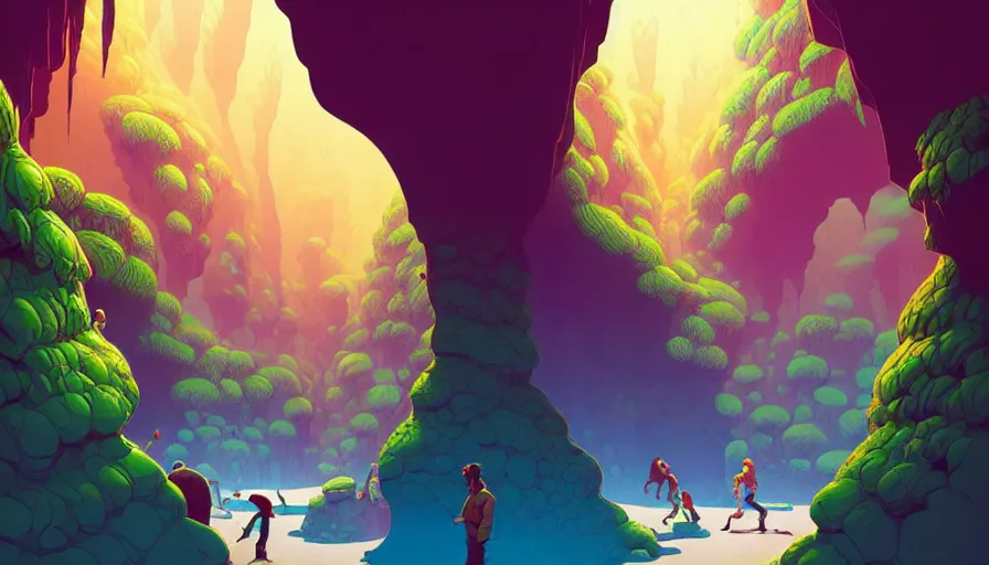 Image similar to natural cave wall, dynamic light, illustration by josan gonzales and moebius, rhads, clean thick line, comics style,