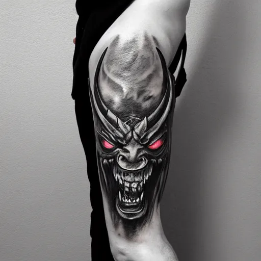 Image similar to three quarter full body shot of demon with hoofs and horns in heroic pose, engulfed in flames, greyscale tattoo by dominik mayer