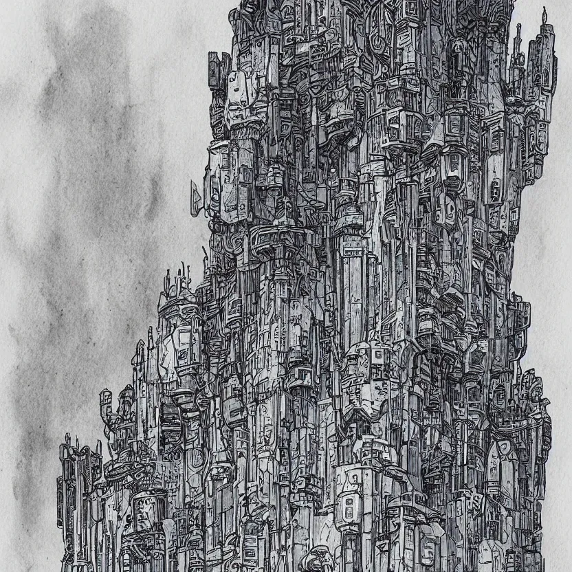 Image similar to a watercolor ink painting of a cyberpunk castle in the style of jean giraud in the style of moebius trending on artstation deviantart pinterest detailed realistic hd 8 k high resolution