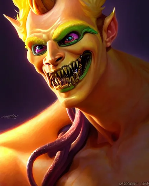 Image similar to junkrat from overwatch, character portrait, portrait, close up, fantasy art, sci - fi art, radiant light, caustics, by boris vallejo