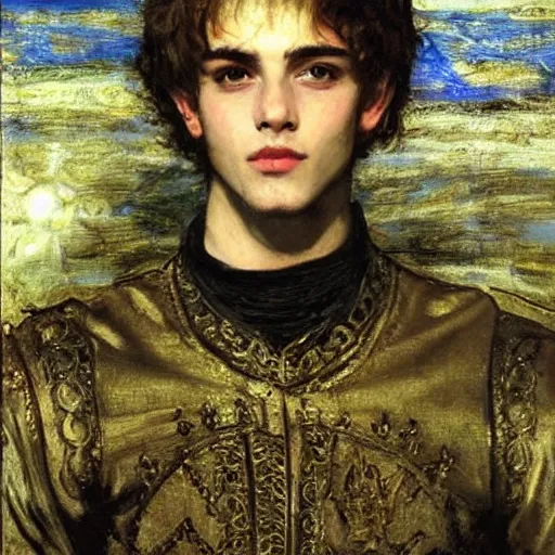 Image similar to painting of handsome beautiful medieval prince in his 2 0 s named shadow wearing a golden crown, elegant, clear, sharp focus, painting, stylized, art, art by john everett millais, john william waterhouse