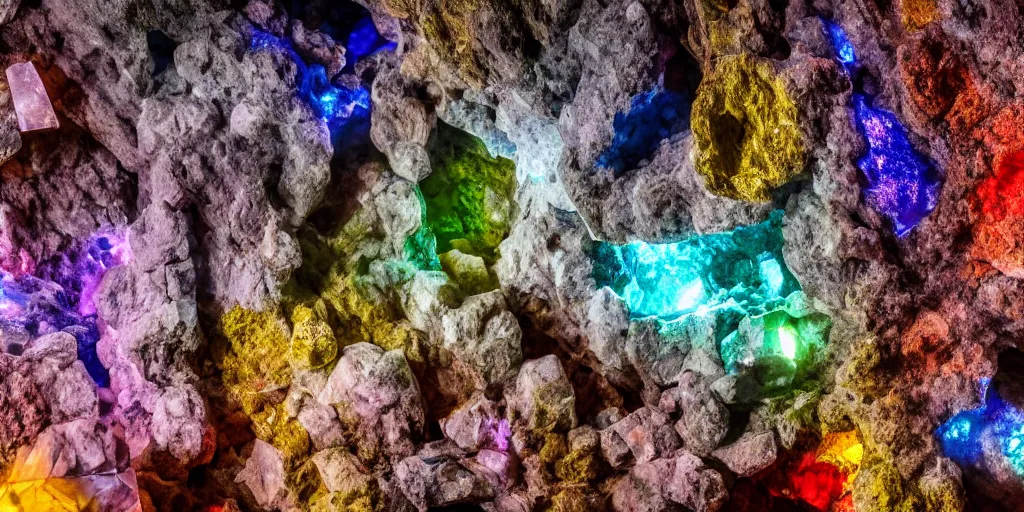 Image similar to multi-colored crystals in the depths of a mining cave, wide lens, diorama, 4k,