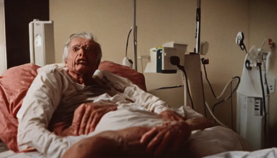 Image similar to 7 0 s movie still of a old man with a spiral on the chest in the hospital, cinestill 8 0 0 t 3 5 mm eastmancolor, heavy grain, high quality, high detail