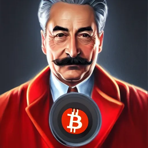 Prompt: realistic josef stalin wearing reflective red coat holding cryptocurrency bitcoin coin in hand, in front of computer, portrait, highly detailed, hyperrealistic, digital painting, artstation, concept art, smooth, sharp focus, illustration, cinematic lighting, art by artgerm and greg rutkowski