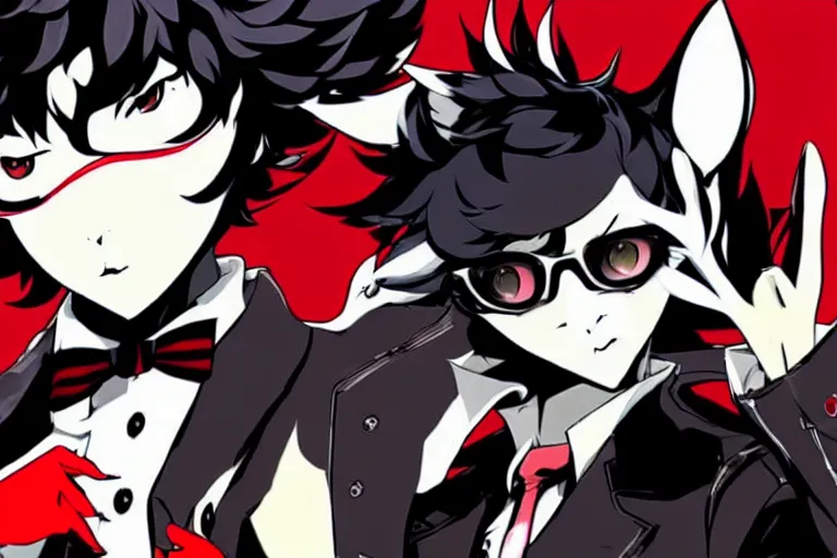 Image similar to persona 5 : royal ( by atlus ) video game splash screen, a furry male sandcolored tan fox fursona ( has hair ), persona 5 phantom thief style