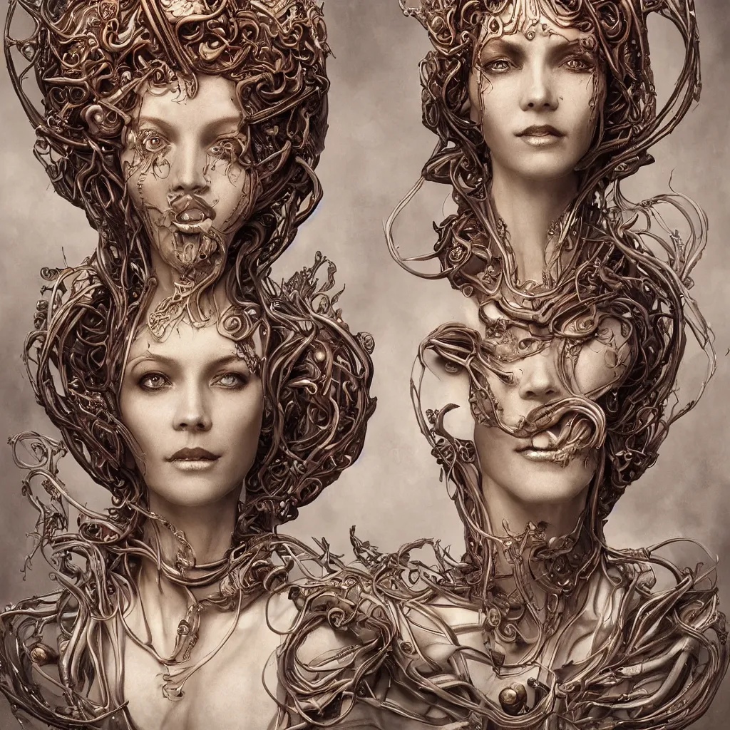 Image similar to a stunning art nouveau bust portrait of a beautiful and complex alien queen with strong confident eyes and a playful smile, sensual frontal declotage, perfect symmetrical facial features, extremely hyperdetailed, mixed media painting, unreal engine, 8 k, octane, 8 mm, by travis charest, chris achilleos and olivia de bernardinis