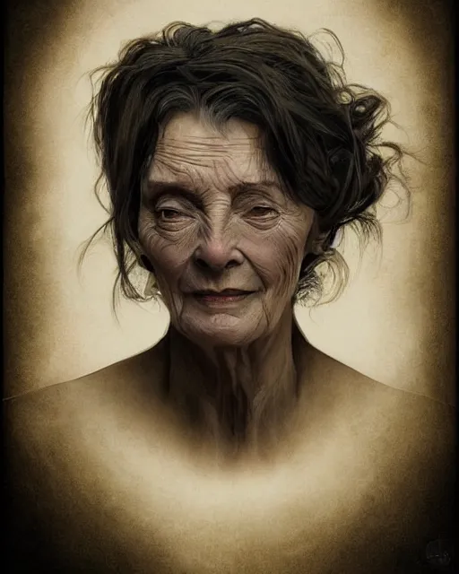 Image similar to portrait 6 0 - year - old woman, tall, severe - looking, with dark hair tied up in a bun, mcgonagall, wearing in black clothes, hyper realistic face, beautiful eyes, fantasy art, in the style of greg rutkowski, intricate, alphonse mucha, hyper detailed, smooth