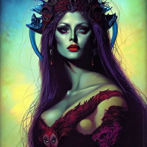 Image similar to portrait of princess of the dreamlands and moon beast, beautiful! coherent! by brom, deep colors, strong lines, high contrast