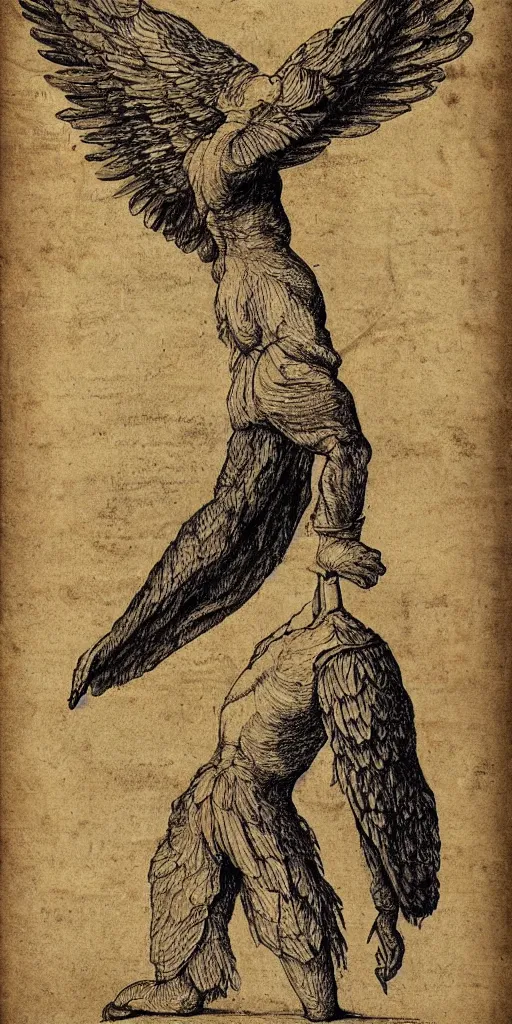 Image similar to human - eagle creature with one big beak, drawn by da vinci