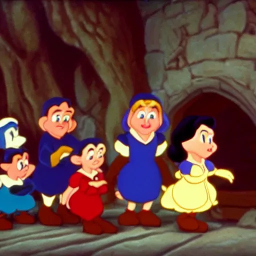 Image similar to close up of snow white and the 7 dwarfs, cinematographic shot, by walt disney cartoon