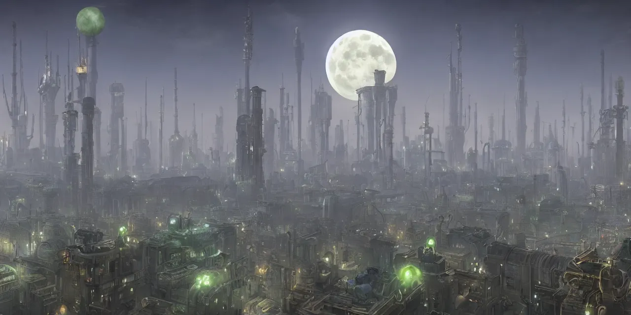 Image similar to a big city like coruscant and rupture farms from oddworld, with green smog sky, tall metal towers, a big moon in the sky, flying vehicles, factories, smoke, in the style of soviet realism