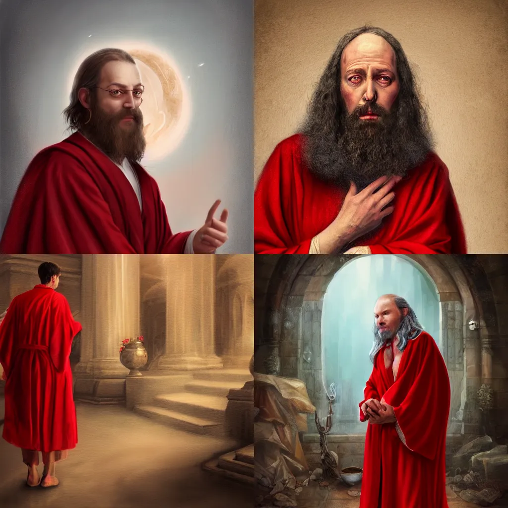 Prompt: illustration of a wizard in a red robe, realistic painting, classical painting, high definition, digital art, matte painting, very detailed, realistic