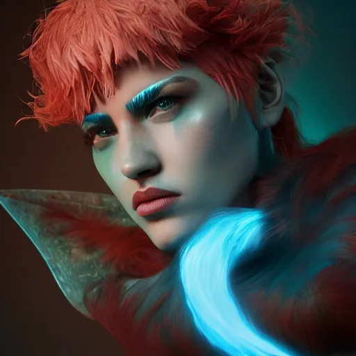 Image similar to fierce warrior mage killing warrior angel, pimk hair, blue piercing eyes, mystery, beautiful aesthetic, by james jean, trending on artstation, digital art, octane render, 8 k, ultra realistic