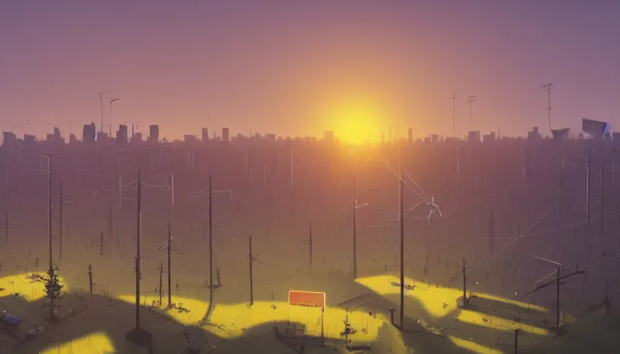 Image similar to city full of solar panels, early morning sun in the sky, one tree, simon stalenhag