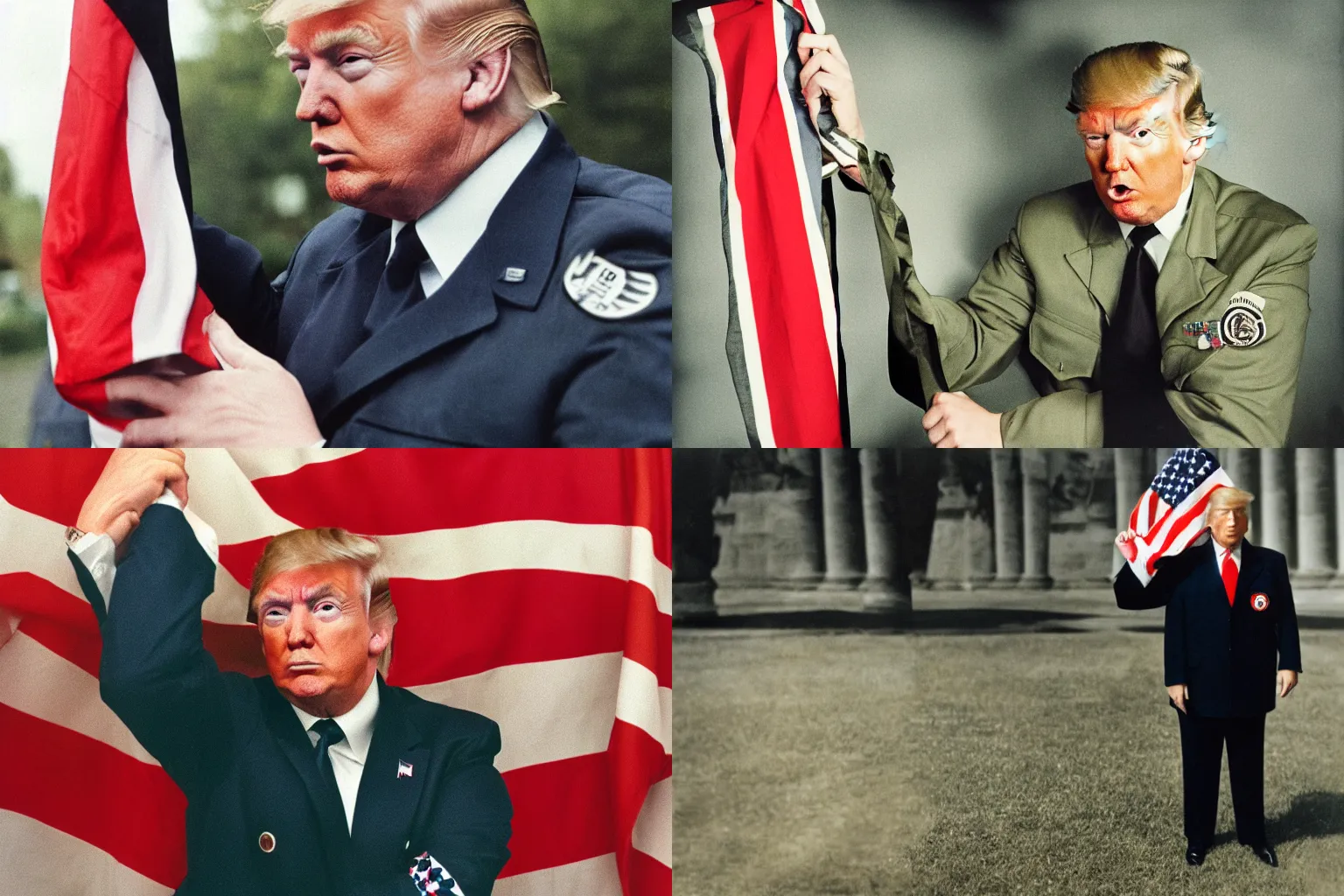 Prompt: photograph of Donald Trump wearing german Reichsführer outfit hugging american flag, off-camera flash, canon 35mm lens f8 aperture, color Ektachrome photograph,