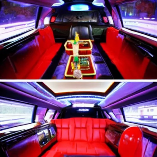 Image similar to barack obama on pimp my ride sitting in his newly upgraded presidential limo complete with a playstation 2, and a minibar. there are also neon lights in the interior.