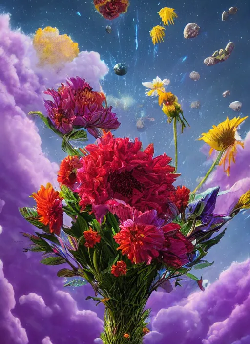 Image similar to An epic fantastic realism comic book style painting of the most beautiful flowers launched into space, bouquets, fisheye lens, unreal 5, DAZ, hyperrealistic, octane render, dynamic lighting