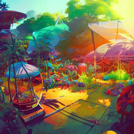 Image similar to hippie bohemian encampment with tie - dye tents and a garden. cyberpunk art by jesper ejsing, by rhads and makoto shinkai and lois van baarle and ilya kuvshinov and rossdraws, cgsociety, panfuturism, nature utopia, anime aesthetic