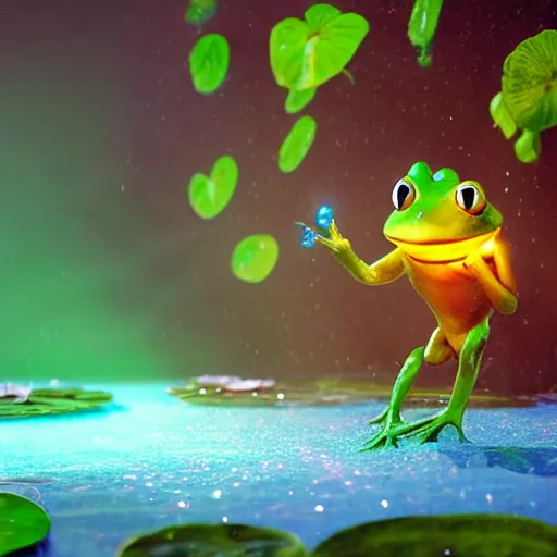 Image similar to frog cute character in water with water lily fireflies around, cute big eyes with details in body, poster, bioluminescence, vegetation, water bubbles, flying shot, portrait, full shot, rim light, pixar, octane render,