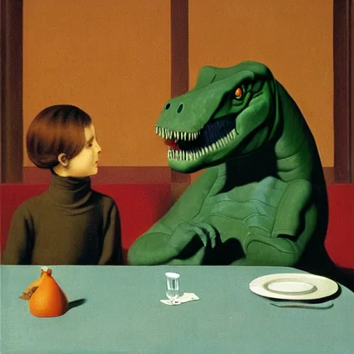 Prompt: a dinosaur takes you out for dinner by Raphael, Hopper, and Rene Magritte. detailed, romantic, enchanting, trending on artstation.