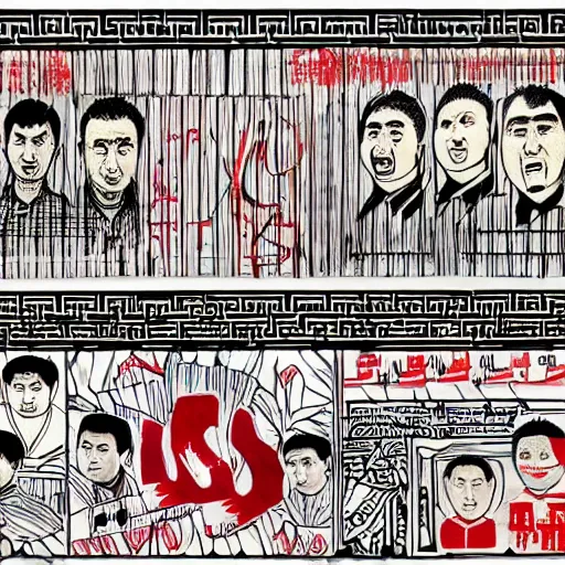 Image similar to uyghurs Uighurs in a prison behind bars, organ harvesting, in the style of daniel johnston and outsider art, 8k, line brush, overlaid with chinese adverts