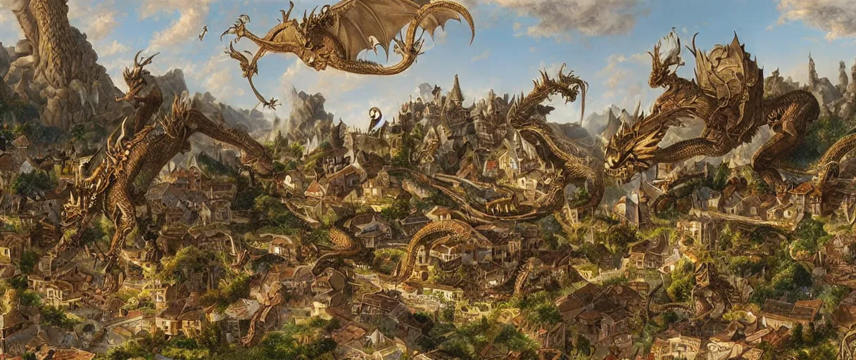 Prompt: stunning detailed artwork of a dragon attacking a village by eugene von guerard