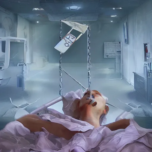 Image similar to I woke up in pieces, hospital bound, time is running out, surreal, fantasy, digital art