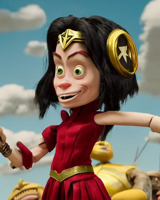 Prompt: steve buscemi dressed as wonder woman as a highly detailed stop motion puppet, in the style of laika studios ’ s paranorman, coraline, kubo and the two strings shot in the style