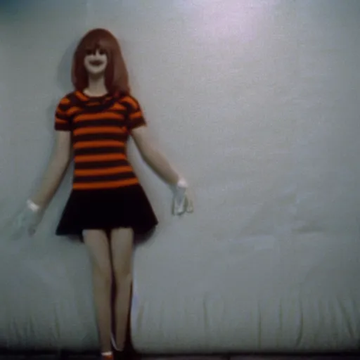 Prompt: teenage girl holds hands with smiley inflatable boyfriend at high school, 1978 color Fellini film, in school hallway, dirty walls, archival footage, technicolor film, 16mm, live action, John Waters, campy