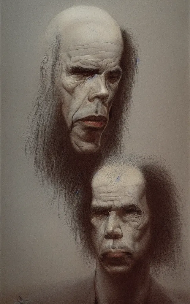 Image similar to portrait of Nick Cave by Zdzislaw Beksinski