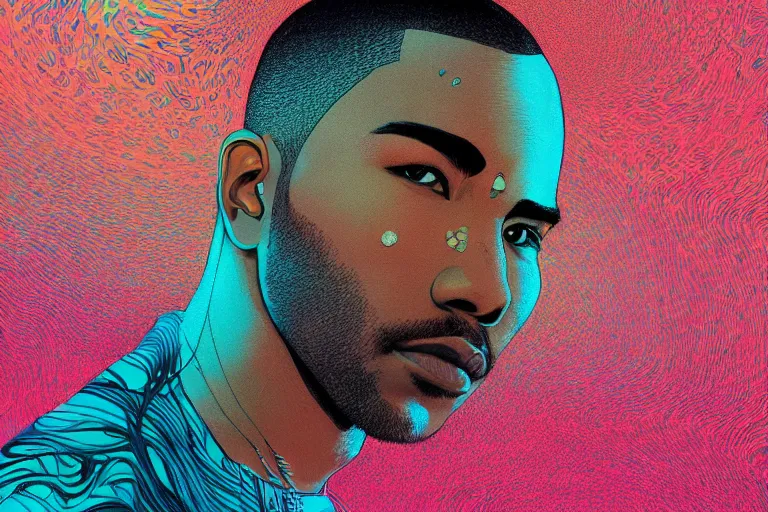 Prompt: stunning portrait of a Frank Ocean, artstation winner by Victo Ngai, Kilian Eng and by Jake Parker, swirly vibrant color lines, winning-award masterpiece, fantastically gaudy, aesthetic octane render, 8K HD Resolution
