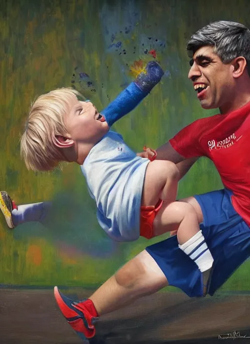 Image similar to Photorealistic painting of Boris Johnson kicking a child version of rishi sunak