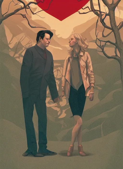 Image similar to poster artwork by Michael Whelan and Tomer Hanuka, Karol Bak of Naomi Watts & Philip Seymour Hoffman falling in love, from scene from Twin Peaks, clean, simple illustration, nostalgic, domestic, full of details