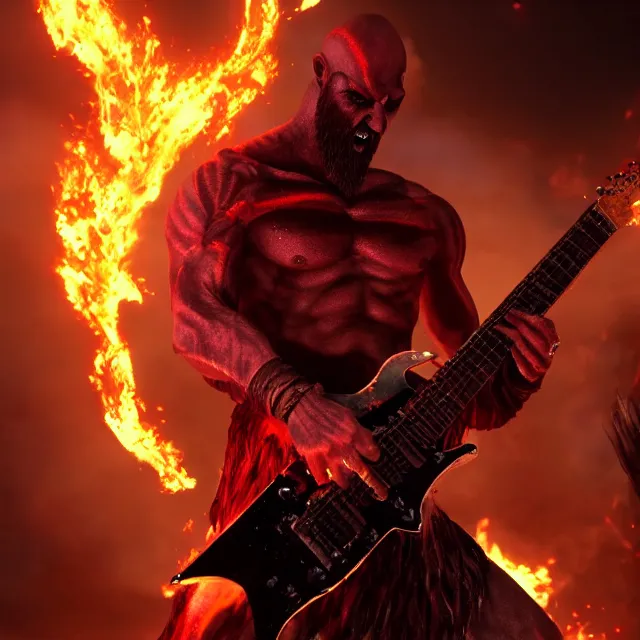 Image similar to glowing demon eyes kratos shredding on a flaming stratocaster guitar, cinematic render, god of war 2 0 1 8, santa monica studio official media, flaming eyes, lightning