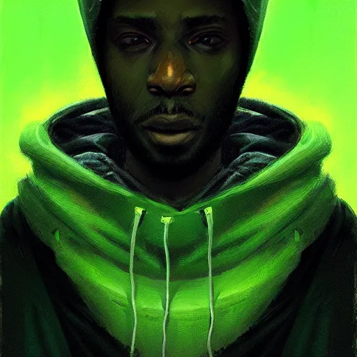 Prompt: portrait of a black man programmer with green hood by greg rutkowski, digital