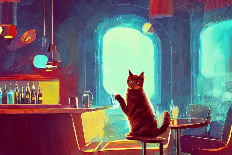 Image similar to a digital art of a cat sits on a chair in a bar in the afternoon, the sun shines in, animal, light effect, highly detailed, by anton fadeev