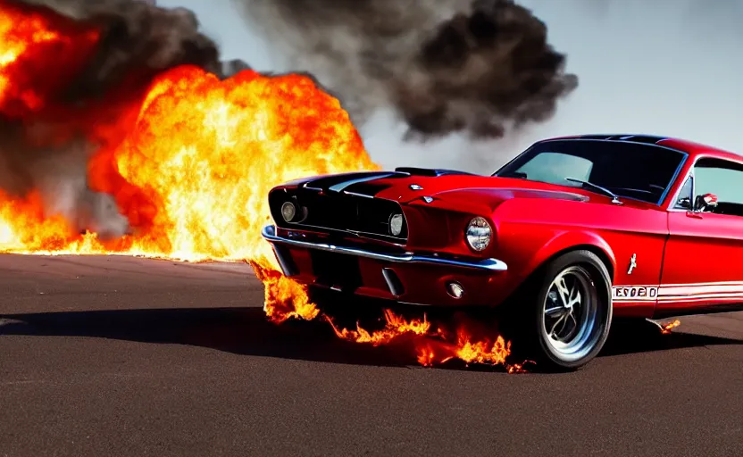 Image similar to a red 1 9 6 8 ford mustang shelby gt 5 0 0 driving high speed, fire explosion in the background, action scen. realistic. high resolution. dramatic