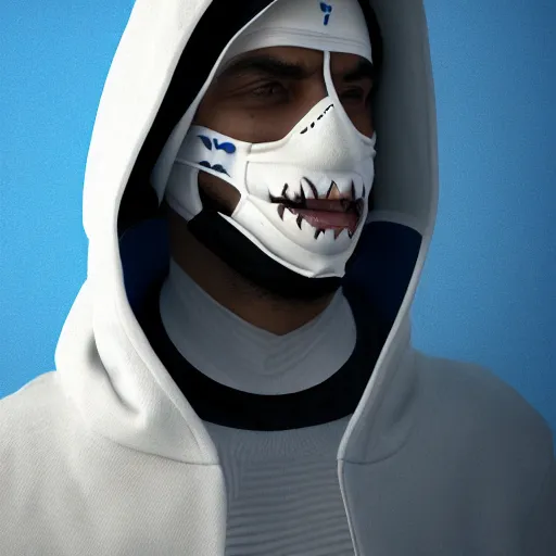 Image similar to a highly detailed, portrait of a man with black hair with a black medical mask, in a hood in the form of a blue shark with white teeth, artstation, DeviantArt, professional, octane render, digital art