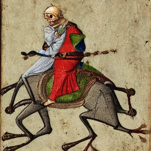 Prompt: knight riding on a frog, medieval painting