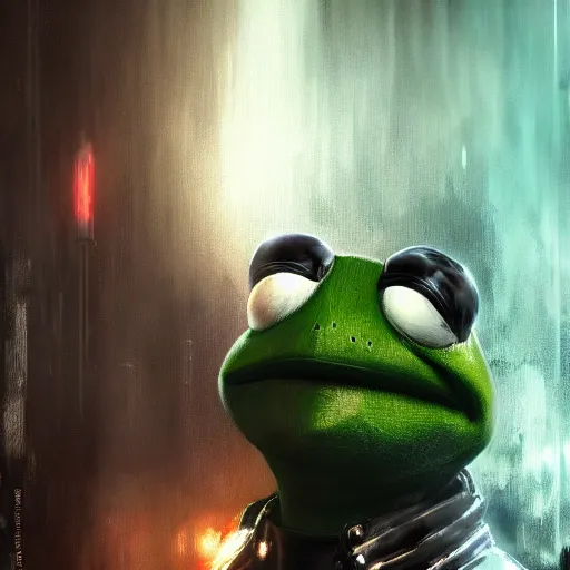 Image similar to painting of high detail kermit the frog as yorha no. 2 type a wearing skintight leather jacket by jeremy mann, fantasy art, dynamic lighting, artstation, poster, volumetric lighting, 4 k, award winning