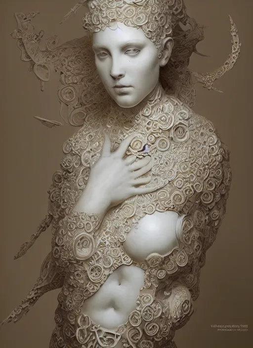 Prompt: opalescent marble sculpture of beautiful woman, mandelbulb, ivory carving, fractal paisley inlay, lace, intricate, lace, elegant, highly detailed, artgerm, lace, by ruan jia and greg rutkowski