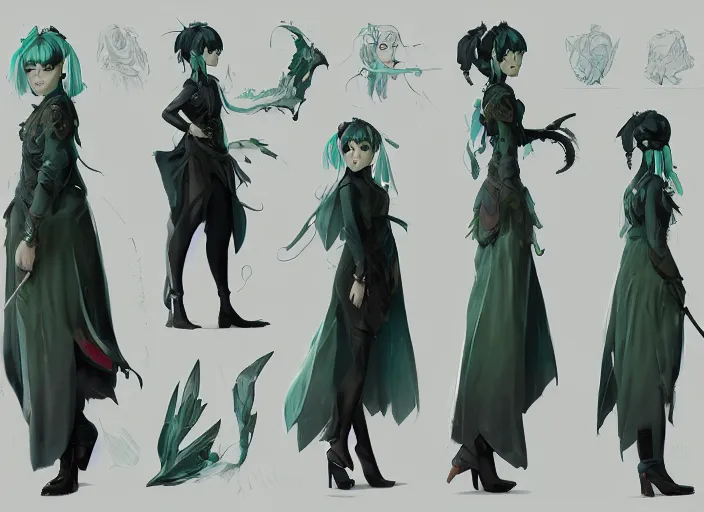 Image similar to character sheet for a beautiful and cute girl for genshin impact by greg rutkowski, black to light green fade hair, genshin impact style, sorcerer magic witch, digital art, trending on artstation, hd, 8 k, highly detailed, good lighting, beautiful, masterpiece