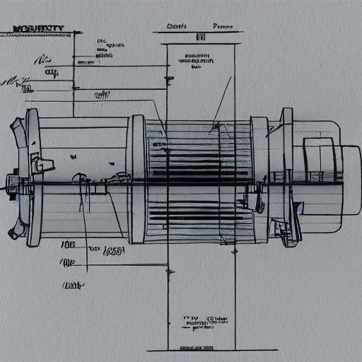 Prompt: labelled schematics of an electric motor with independent continuously variable torque and angular velocity, detailed sketch, high quality paper, ink and pencil, futuristic