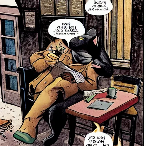 Prompt: blacksad read love letters in a pub