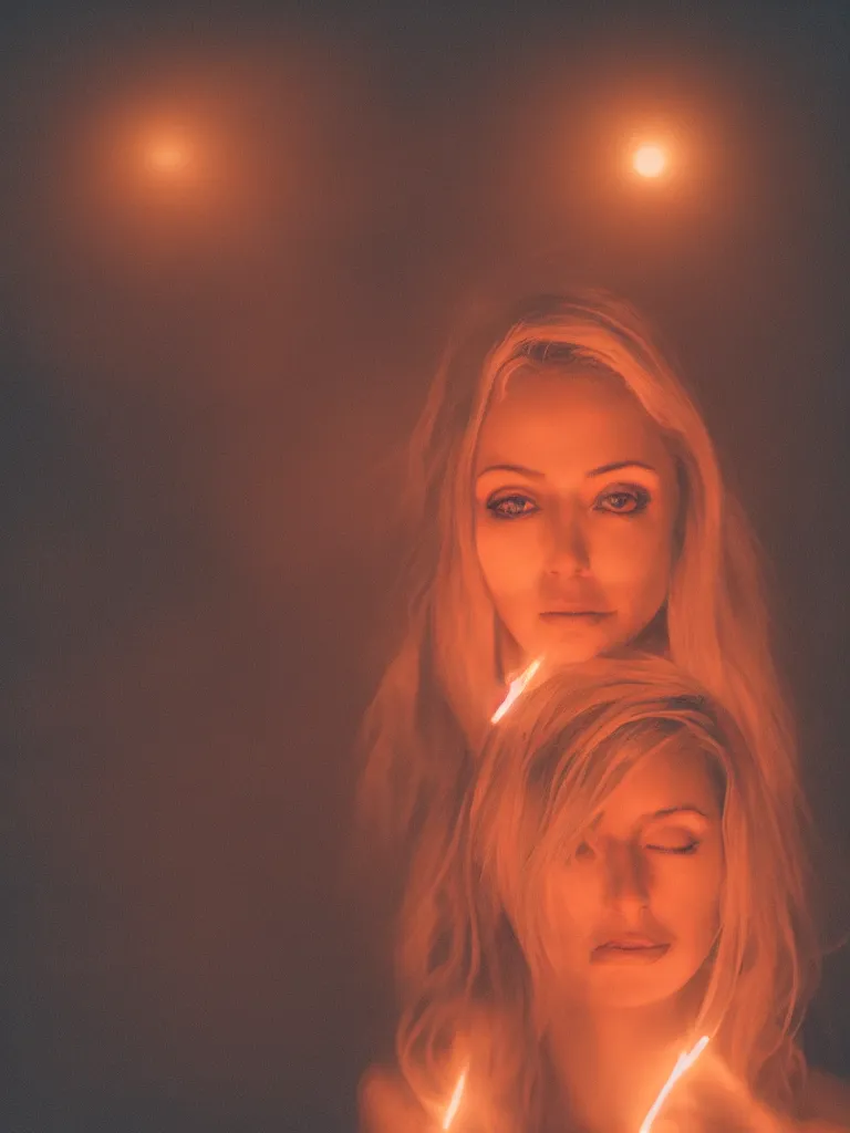 Image similar to photograph of a pretty blond woman illuminated with red light, soft light, night