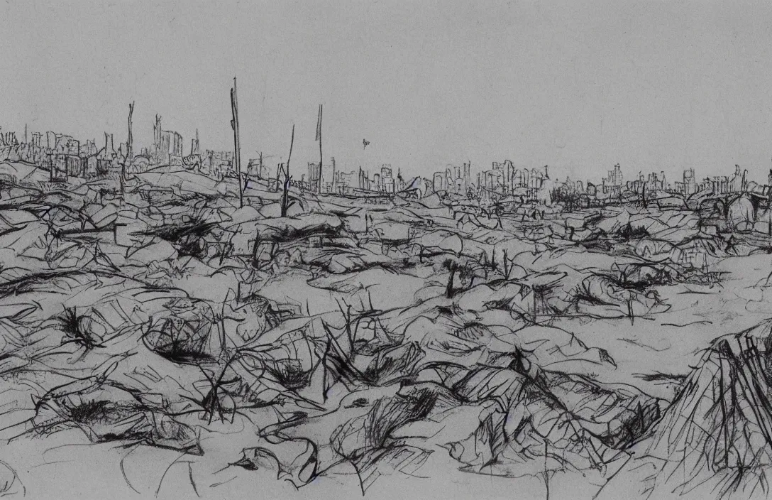 Image similar to milt kahl sketch of world war 1 trenches with the city of miami in the background