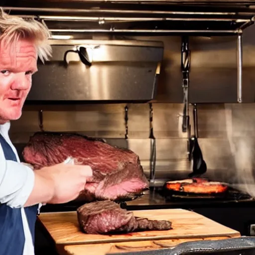 Image similar to Camcorder footage of Gordon Ramsey grilling a steak in the distance, In the Backrooms (found footage)