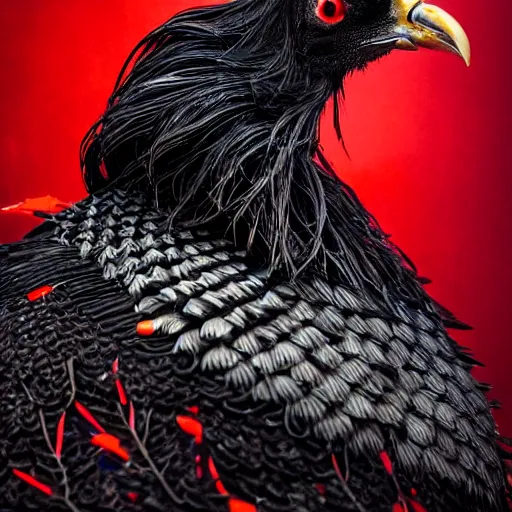 Prompt: magical Black Chicken close-up portrait, perched on intricate throne, imax camera, red 8k camera, spot light, ancient high tech, cyberpunk, dystopian, royal black chicken with red comb, divine feathered wings, burning halo, intricate artwork by Tooth Wu and Wlop and Beeple, Greg Rutkowski, James Gilleard, very coherent symmetrical artwork, golden ratio, cinematic, hyper realism, high detail, octane render, unreal engine, 8k, Vibrant colors, Smooth gradients, High contrast, depth of field, aperture f1.2